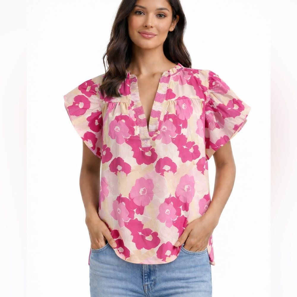 First Love by Lovelyn Floral Ruffle Sleeve Blouse 100% cotton Size Medium